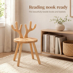Wooden Chair With Deer Antler Backrest, Round Wood Stool - thumbnail 3