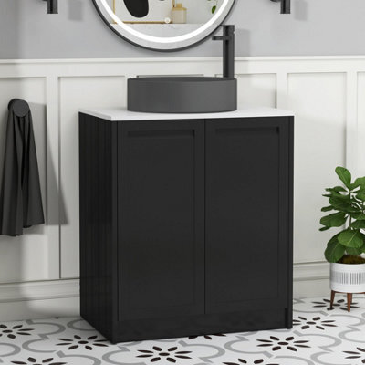Royal Bathrooms Royal Bathroom Elmore 700mm Nocturne Black Freestanding Bathroom Vanity Unit 2 Door Plain White Worktop With Art Round Basin - image 1
