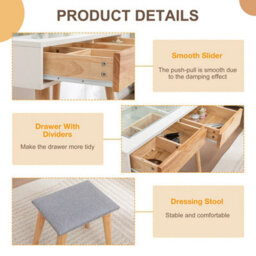 Westwood Natural White Makeup Vanity Dressing Table & Stool Set Touch Led Mirror Drawers - thumbnail 6
