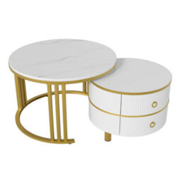 Btm 2-In-1 Mdf Round Coffee Table With Glossy Surface & White Marble Top, 2 Drawers, White, Living Room Set - thumbnail 9