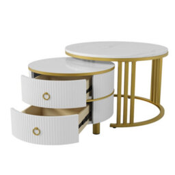 Btm 2-In-1 Mdf Round Coffee Table With Glossy Surface & White Marble Top, 2 Drawers, White, Living Room Set - thumbnail 5