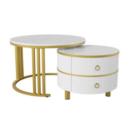Btm 2-In-1 Mdf Round Coffee Table With Glossy Surface & White Marble Top, 2 Drawers, White, Living Room Set - thumbnail 7