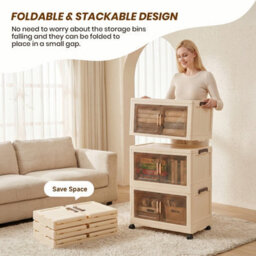 Darphe Cream Plastic Foldable 3 Tier Rolling Plastic Storage Cabinet With Magnetic Doors - thumbnail 8