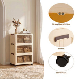 Darphe Cream Plastic Foldable 3 Tier Rolling Plastic Storage Cabinet With Magnetic Doors - thumbnail 7