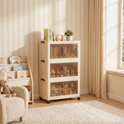 Darphe Cream Plastic Foldable 3 Tier Rolling Plastic Storage Cabinet With Magnetic Doors - thumbnail 1