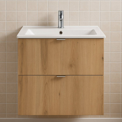 Heze Furniture Dove 2 Drawer Bathroom Cabinet Vanity Unit With Built-In Basin 60Cm - Evoke Oak - image 1