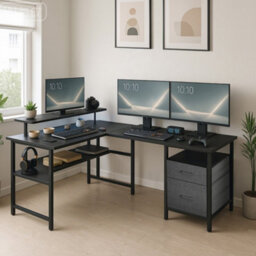 LEDREM L-Shaped Desk With Power Outlets, Corner Desk, Computer Desk With Monitor Shelf, Gaming Desk With Led Lights - thumbnail 4