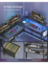 LEDREM L-Shaped Desk With Power Outlets, Corner Desk, Computer Desk With Monitor Shelf, Gaming Desk With Led Lights - thumbnail 7