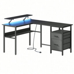 LEDREM L-Shaped Desk With Power Outlets, Corner Desk, Computer Desk With Monitor Shelf, Gaming Desk With Led Lights - thumbnail 3