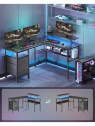 LEDREM L-Shaped Desk With Power Outlets, Corner Desk, Computer Desk With Monitor Shelf, Gaming Desk With Led Lights - thumbnail 2