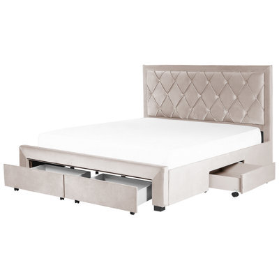 Beliani Bed With Storage Drawers Velvet Lievin 180 X 200 Cm (Eu Super King) Beige - image 1