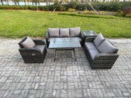 Fimous 6 Seater Outdoor Rattan Garden Furniture Set Patio Lounge Sofa Set With Dining Table Side Table Dark Grey Mixed - thumbnail 1