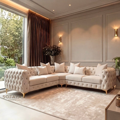 Sofaya Monaco 5 Seater Cream Chesterfield Corner Chaise Sofa Velvet L Shaped - Deep Buttoned Upholstery Couch - image 1