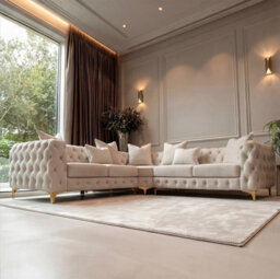 Sofaya Monaco 5 Seater Cream Chesterfield Corner Chaise Sofa Velvet L Shaped - Deep Buttoned Upholstery Couch - thumbnail 2