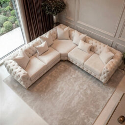 Sofaya Monaco 5 Seater Cream Chesterfield Corner Chaise Sofa Velvet L Shaped - Deep Buttoned Upholstery Couch - thumbnail 8