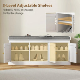 Shoe Storage Bench With Rattan Doors, Cushion, Entryway Shoe Bench - thumbnail 4