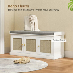 Shoe Storage Bench With Rattan Doors, Cushion, Entryway Shoe Bench - thumbnail 5