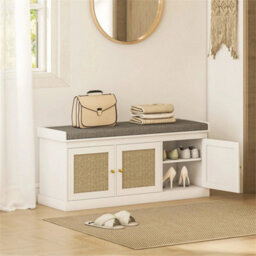 Shoe Storage Bench With Rattan Doors, Cushion, Entryway Shoe Bench - thumbnail 1