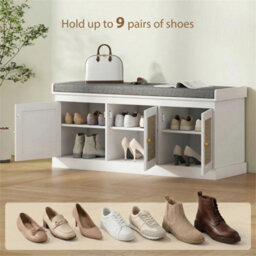 Shoe Storage Bench With Rattan Doors, Cushion, Entryway Shoe Bench - thumbnail 3