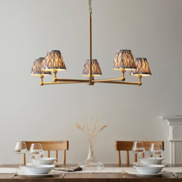Loops Sophisticated 5-Light Pendant Ceiling Light In Brushed Aged Brass And Pearl Grey Fabric - thumbnail 2