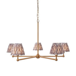 Loops Sophisticated 5-Light Pendant Ceiling Light In Brushed Aged Brass And Pearl Grey Fabric