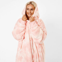 Ohs Tie-Dye Hooded Blanket Oversized Wearable Sherpa Fleece, Blush Pink - thumbnail 2