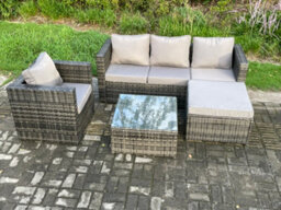 Fimous Rattan Garden Furniture Set Patio Outdoor Lounge Sofa Set With Armchair Square Coffee Table Big Footstool - thumbnail 1