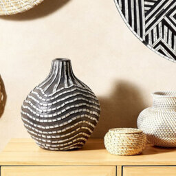 Beliani Artisan Black White Terracotta Vase 35Cm Striped Boho Decor - Handcrafted Lacquered Finish - thumbnail 2