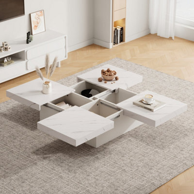 Abrihome Modern Square Coffee Table With Marble Look, Centre Tea Table With 4 Sliding Drawers, Coffee End Table, 90 X 90 X 25 Cm, White - image 1
