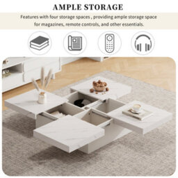 Abrihome Modern Square Coffee Table With Marble Look, Centre Tea Table With 4 Sliding Drawers, Coffee End Table, 90 X 90 X 25 Cm, White - thumbnail 3