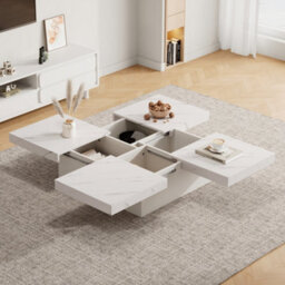 Abrihome Modern Square Coffee Table With Marble Look, Centre Tea Table With 4 Sliding Drawers, Coffee End Table, 90 X 90 X 25 Cm, White - thumbnail 1