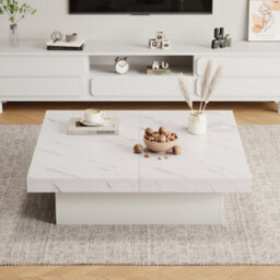 Abrihome Modern Square Coffee Table With Marble Look, Centre Tea Table With 4 Sliding Drawers, Coffee End Table, 90 X 90 X 25 Cm, White - thumbnail 7