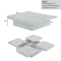 Abrihome Modern Square Coffee Table With Marble Look, Centre Tea Table With 4 Sliding Drawers, Coffee End Table, 90 X 90 X 25 Cm, White - thumbnail 6
