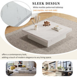 Abrihome Modern Square Coffee Table With Marble Look, Centre Tea Table With 4 Sliding Drawers, Coffee End Table, 90 X 90 X 25 Cm, White - thumbnail 4