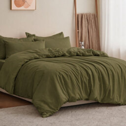 Moonlight Bedding Plain Microfibre 3 Piece Duvet Cover Set With Fitted Sheet, Single (Olive Green, 135X200Cm) - thumbnail 1