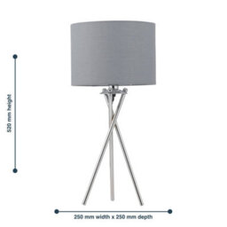 First Choice Lighting Chrome Tripod Table Lamp With Grey Cotton Shade - thumbnail 6