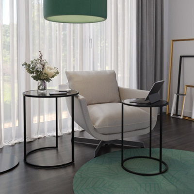 Urbn-Living Urbnliving 59Cm Height Round Nesting Side Coffee Tables Black Tempered Glass Top With Black Metal Leg Set Of 2 - image 1