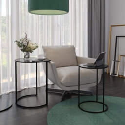 Urbn-Living Urbnliving 59Cm Height Round Nesting Side Coffee Tables Black Tempered Glass Top With Black Metal Leg Set Of 2 - thumbnail 1