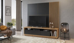 "Arte Elegant Celine 09 Entertainment Unit 2000mm In Oak Wotan & Black - Stylish Media Solution For Tvs Up To 75"" H1860mm D450mm" - thumbnail 3