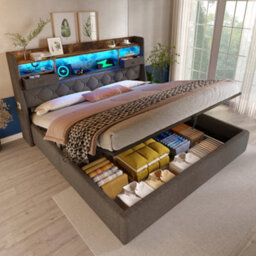 Super King Linen Hydraulic Storage Bed With Led, Usb-C & Headboard - thumbnail 1