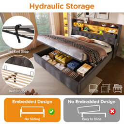 Super King Linen Hydraulic Storage Bed With Led, Usb-C & Headboard - thumbnail 4