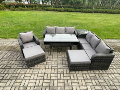 Fimous 9 Seater Outdoor Rattan Garden Furniture Set Oblong Dining Table And Chairs Set With 3 Seater Sofa 2 Big Footstool - image 1