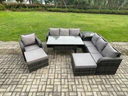 Fimous 9 Seater Outdoor Rattan Garden Furniture Set Oblong Dining Table And Chairs Set With 3 Seater Sofa 2 Big Footstool - thumbnail 1