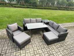 Fimous 9 Seater Outdoor Rattan Garden Furniture Set Oblong Dining Table And Chairs Set With 3 Seater Sofa 2 Big Footstool - thumbnail 2