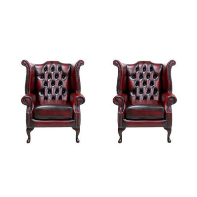 Chesterfield 2 X High Back Chairs Antique Oxblood Red Real Leather Bespoke In Queen Anne Style - image 1