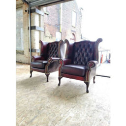 Chesterfield 2 X High Back Chairs Antique Oxblood Red Real Leather Bespoke In Queen Anne Style - thumbnail 2