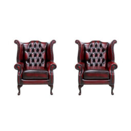 Chesterfield 2 X High Back Chairs Antique Oxblood Red Real Leather Bespoke In Queen Anne Style