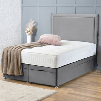 Bsspoke Ottoman Divan Bed In Grey Plush With 10Inch Orthopaedic Mattress & 54Inch Headboard End Lift Up Storage In 4Ft 5Ft 6Ft - image 1