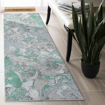 Solarius Modern Grunge Marbling Abstract Area Rugs Aqua 60X220 Cm - image 1