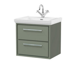 Balterley Longnor Modern Bathroom Wall Hung 2-Drawer Vanity Unit With Fireclay Basin, Fern Green, 600mm - thumbnail 1